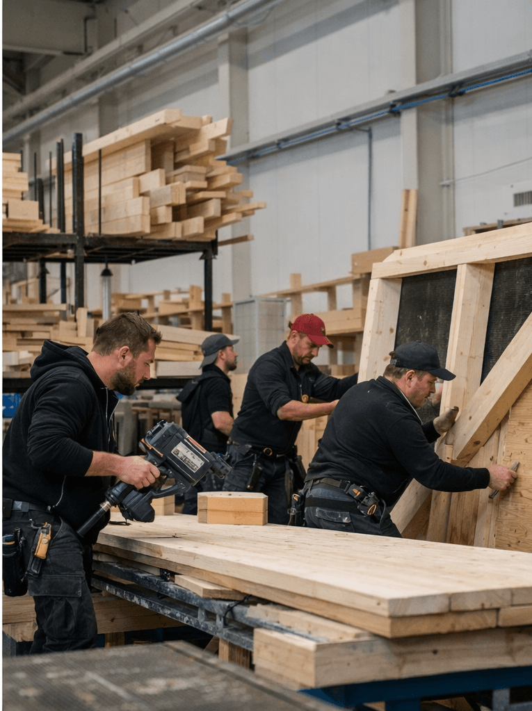 Houtbouwer werkt aan prefab bouwelement in werkplaats.